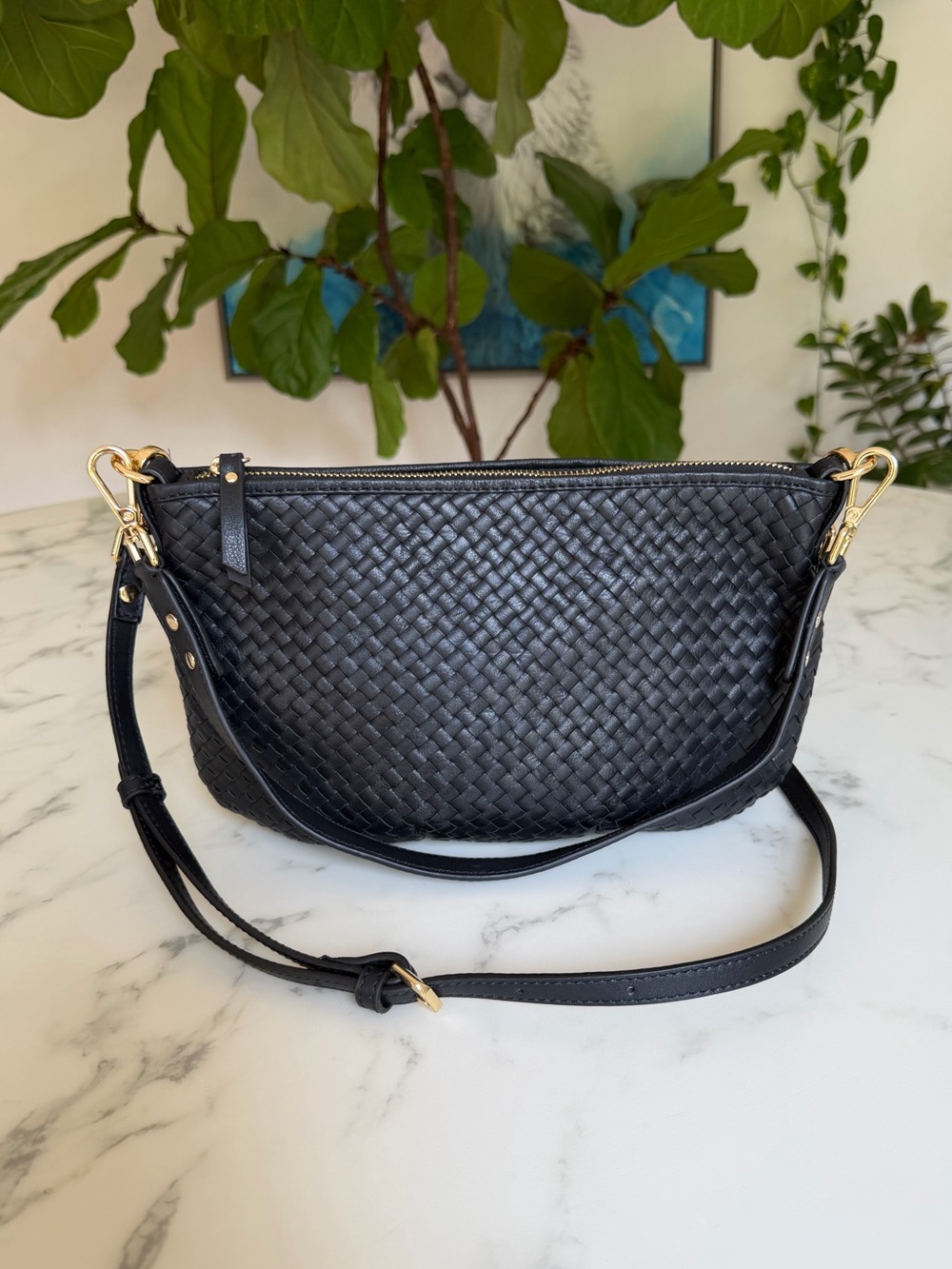 Quince Sloane Italian Handwoven Leather Mini Shoulder Bag Black Gold